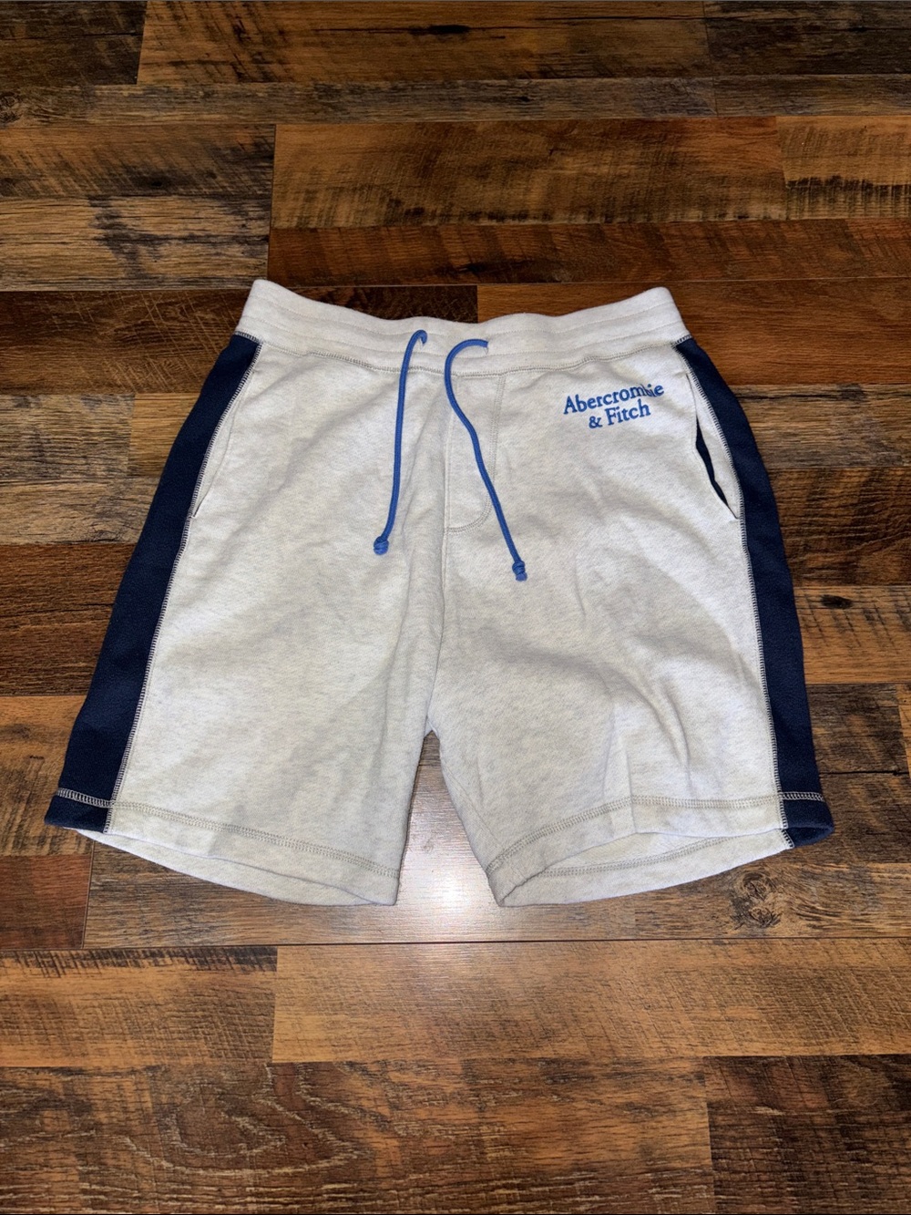 Abercrombie & Fitch Light Gray Shorts with Navy Panels and Blue Drawstring